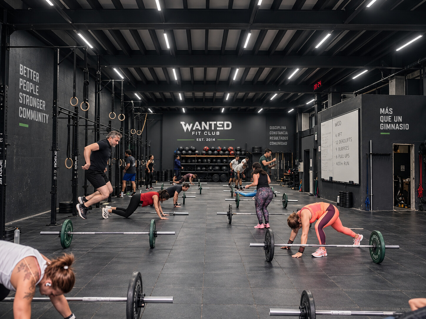 Sesión de entrenamiento en el salón principal de WANTED Fit Club