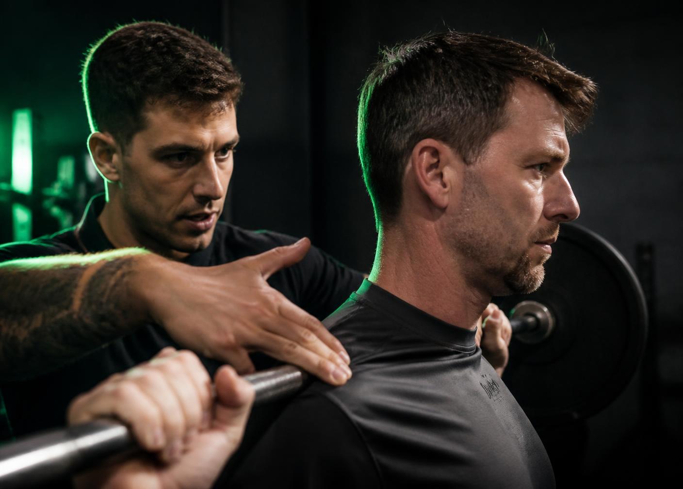 Coach corrigiendo la técnica de un miembro durante una sesión de entrenamiento
